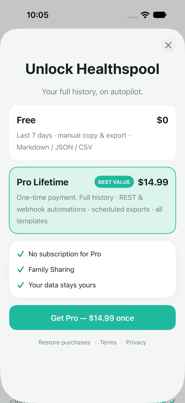 In-app plans: Free and Pro Lifetime at $14.99, with Pro selected.